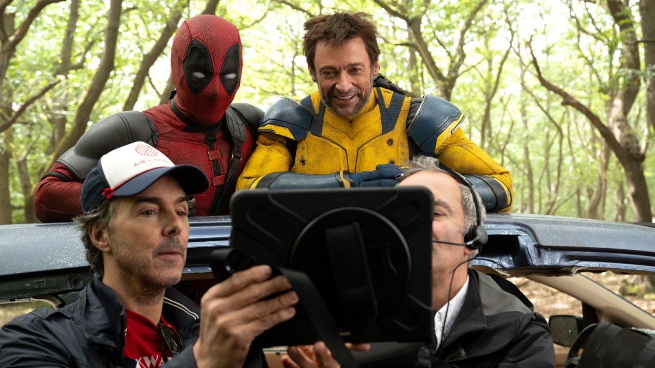 Director Shawn Levy, Ryan Reynolds and Hugh Jackman on the set of the Marvel Studios film 'Deadpool and Wolverine.'